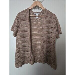 Vintage Sarah Spencer Open Knit Crochet Cardigan Beige Taupe Plus Size 1X Boho
